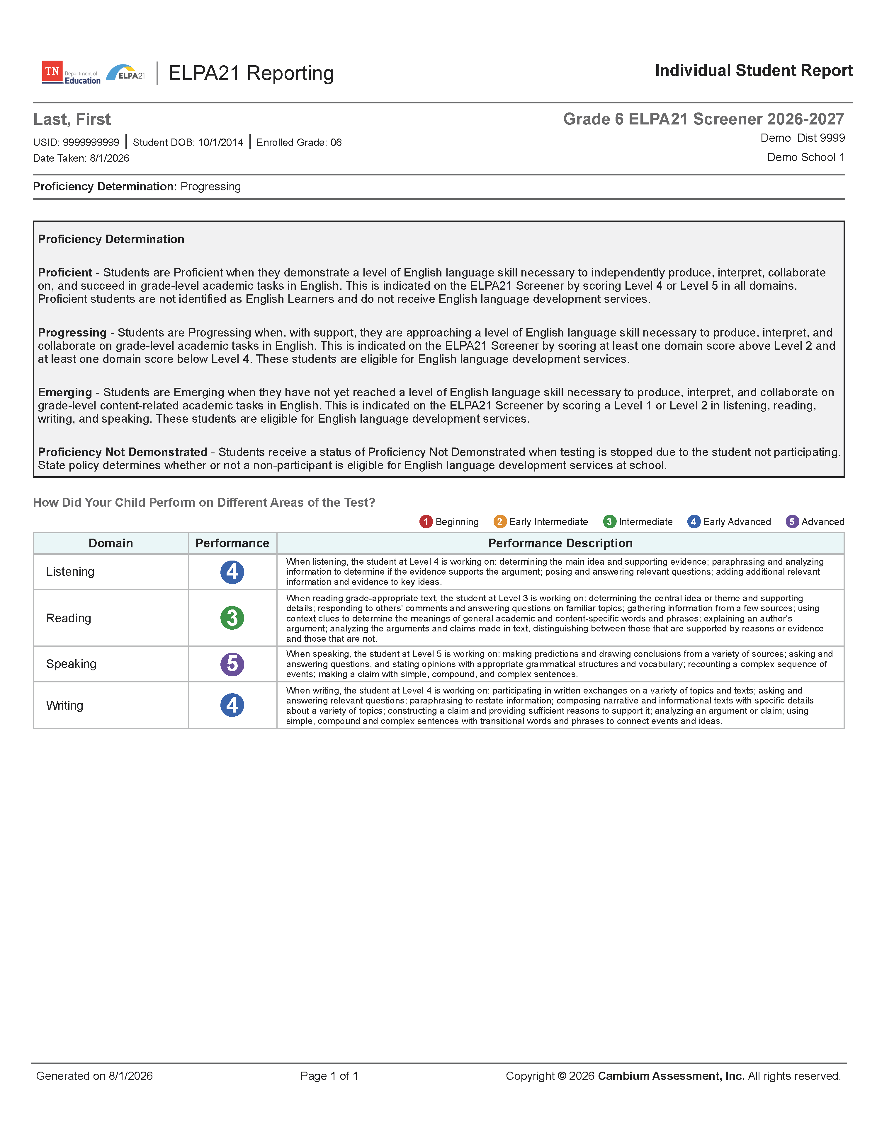 Preview of sample Dynamic Screener score report